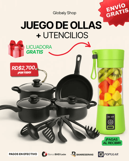 🍳 ¡Cocina completa al instante! JUEGO de OLLAS con UTENCILIOS + 🍉🥭🍌Licuadora PORTATIL Gratis - GlobalyShop