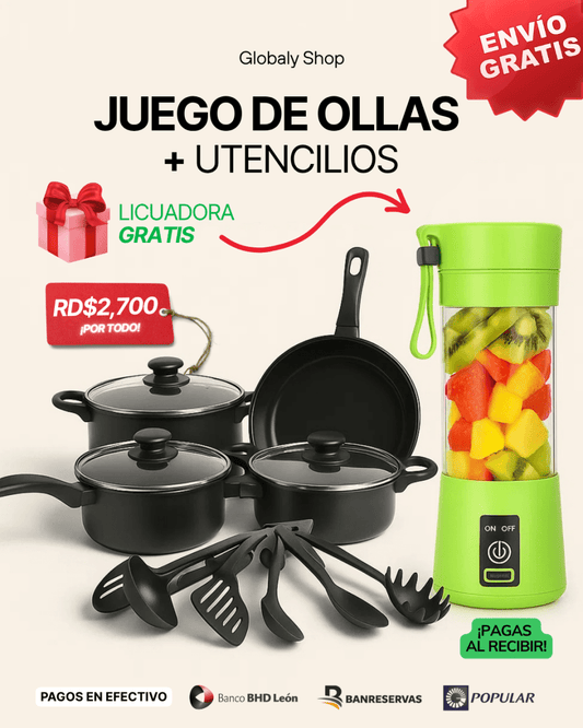 🍳 ¡Cocina completa al instante! JUEGO de OLLAS con UTENCILIOS + 🍉🥭🍌Licuadora PORTATIL Gratis - GlobalyShop