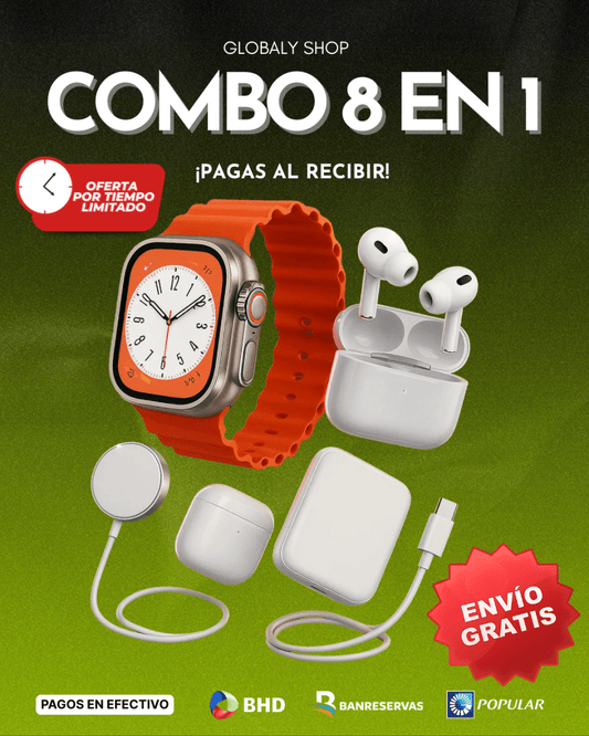 🔥Combo SMARTWATCH⌚ 8 en 1 | AIRPODS, Cargadores y Batería 🔋🎧 ¡Todo en Uno! - GlobalyShop